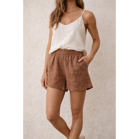 Reformation Pants - Reformation Brown/Dusty Rose 100% Linen Resort Shorts Elastic Waist Size Small
